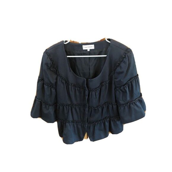 Anne Fontaine Black Ruffle 3/4 Jacket EU 42 US M Lined Button NUCIA